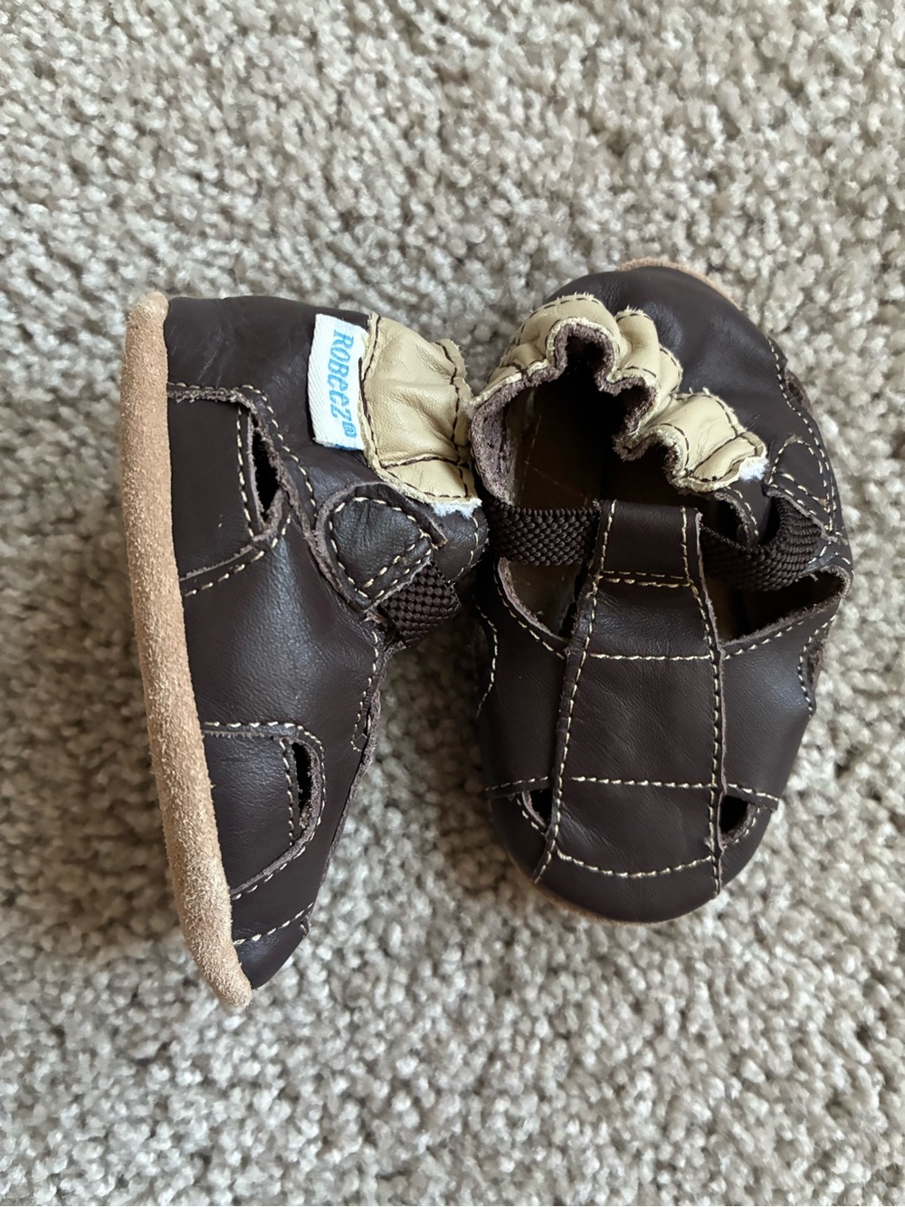 Robeez Dark Brown Leather Baby Shoes with Cream Trim